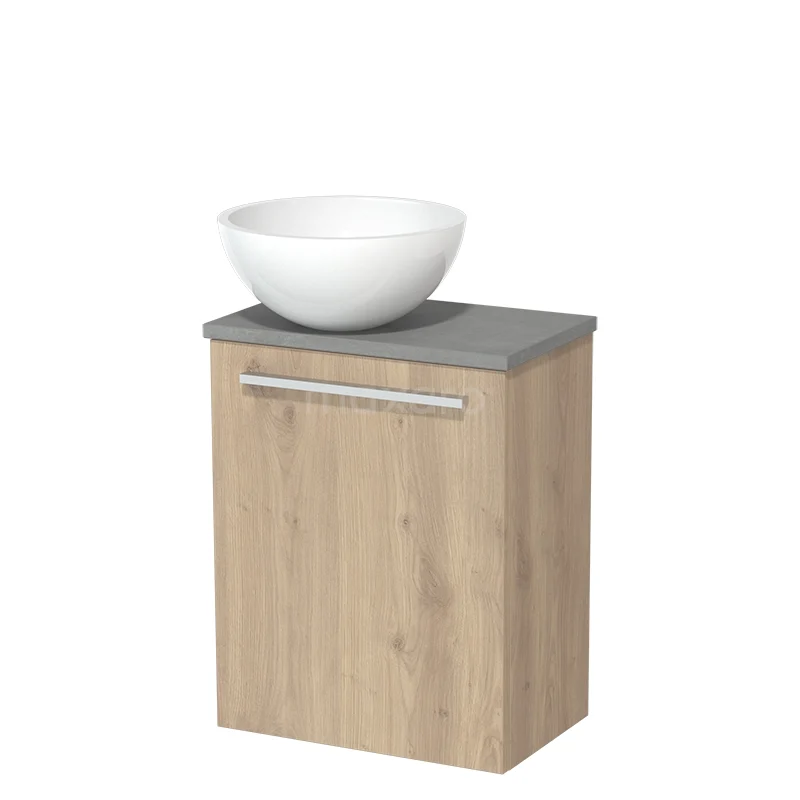 WC-Möbel mit Aufsatzwaschbecken | 41 cm Hellbraune Eiche Glatte Front Hochglanz Weiß Mineralguss Aufsatzwaschbecken Hellgrauer Beton TMK10-06512 Holz-Badschrank mit grauer Platte und weißer Waschbecken, kompakte Form, ideal für moderne Badezimmergestaltung.