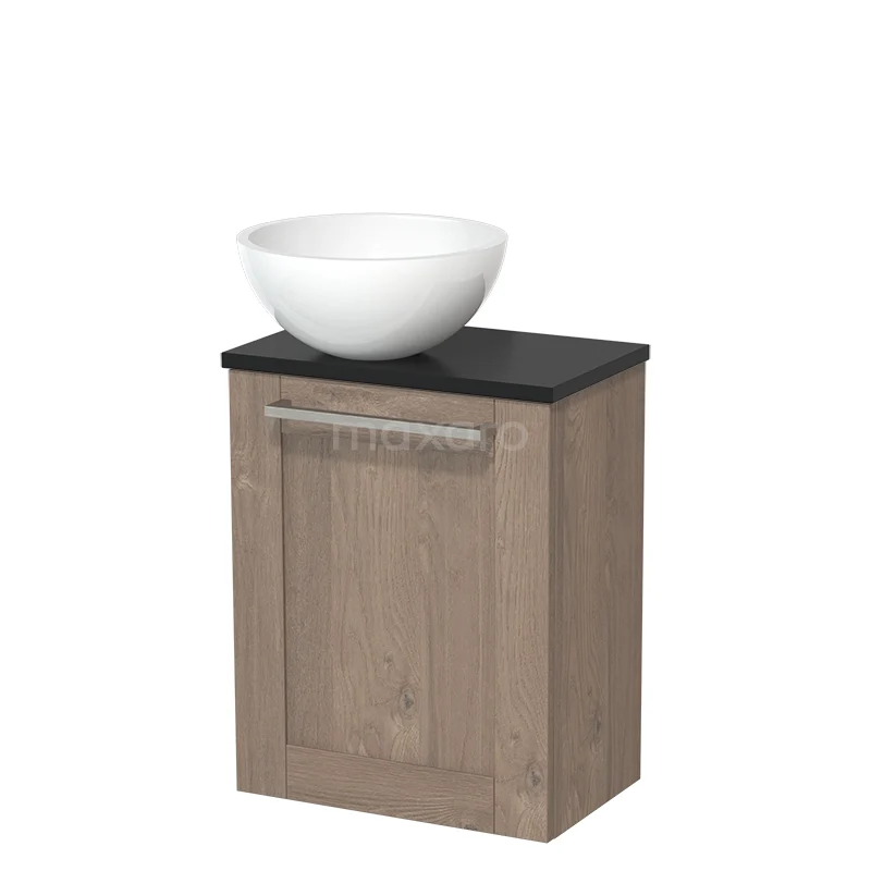 Toilet unit with countertop wash basin | 41 cm Mid brown oak Front High-gloss white Mineral marble worktop Matte black worktop TMK10-04788
