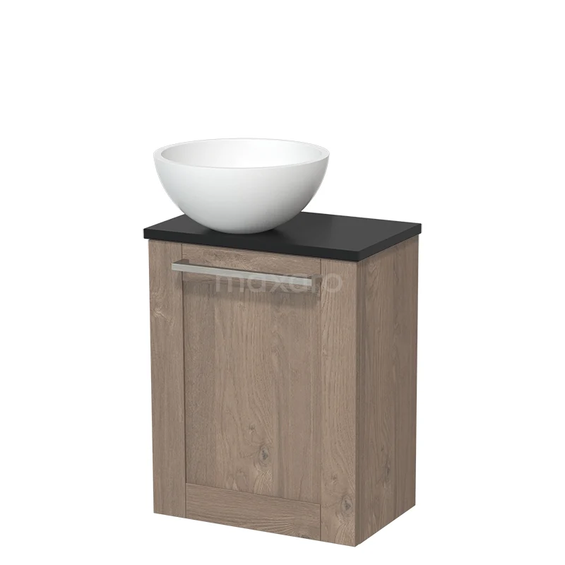 Toilet unit with countertop wash basin | 41 cm Mid brown oak Frame front Matte white Solid surface wash basin Matte black worktop TMK10-04789