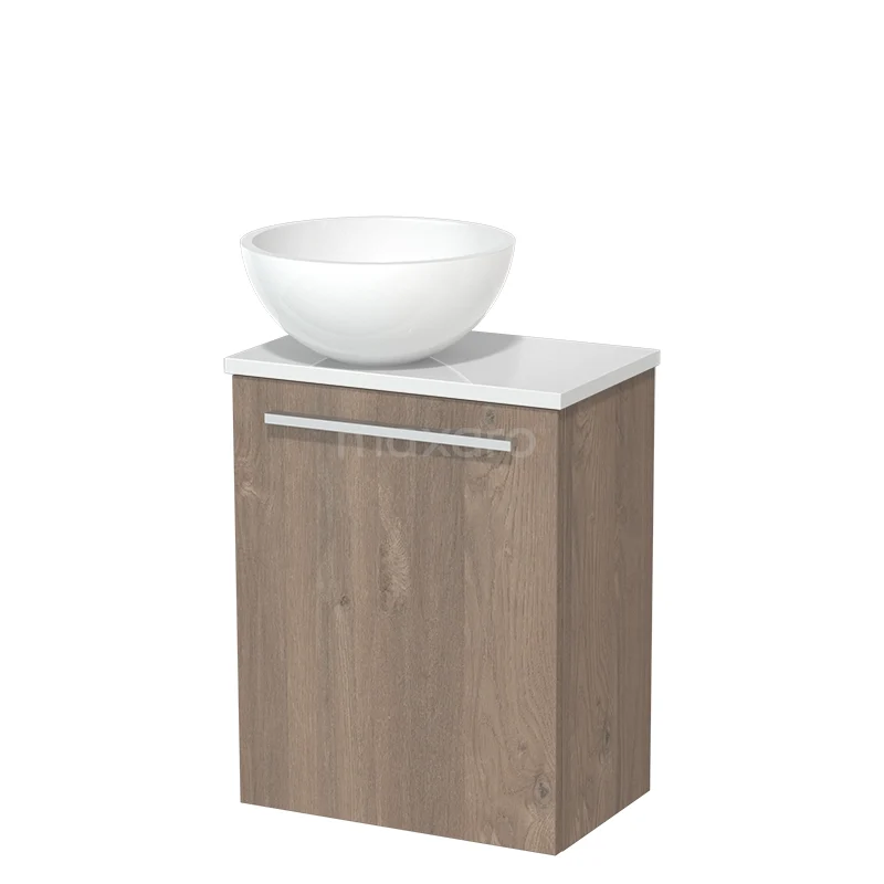 Toilet unit with wash basin | 41 cm Mid brown oak Flat front High-gloss white Mineral marble countertop wash basin High-gloss white worktop TMK10-06542