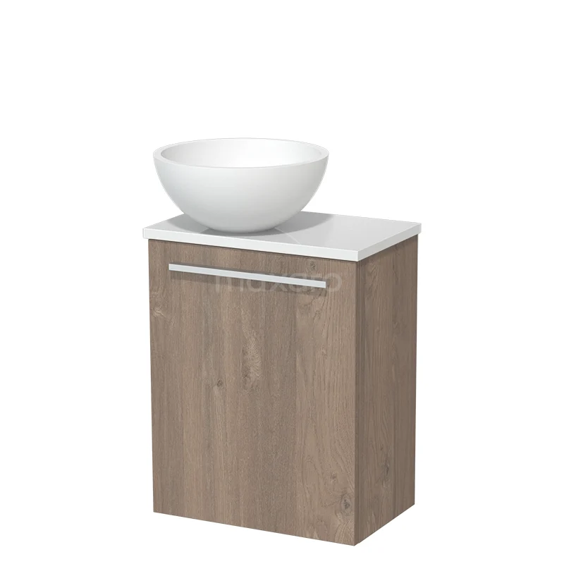 Toilet unit with wash basin | 41 cm Mid brown oak Flat front Matte white Solidtop wash basin High-gloss white worktop TMK10-06543