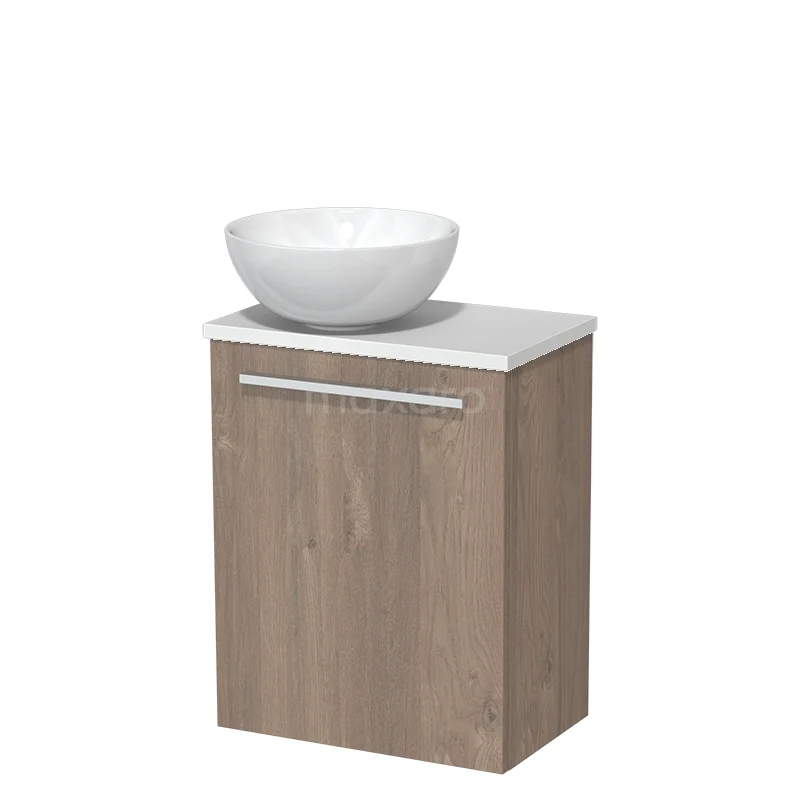 WC-Möbel mit Aufsatzwaschbecken | 41 cm Mittelbraune Eiche Glatte Front Hochglanz Weiß Keramik Aufsatzwaschbecken Matt Weiß Platte TMK10-06550 Holz-Badschrank mit weißem Waschbecken, kompakte Form, modernes Design und glatte Oberfläche, ideal für kleine Bäder.