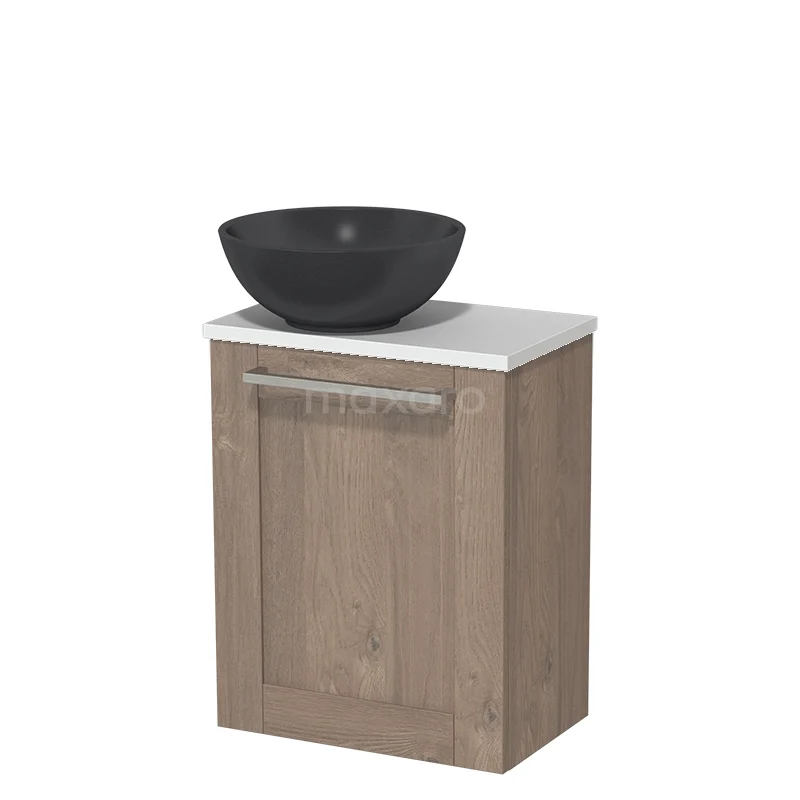 Toilet unit with countertop wash basin | 41 cm Mid brown oak Frame front Matte black Quartz wash basin Matte white worktop TMK10-06559
