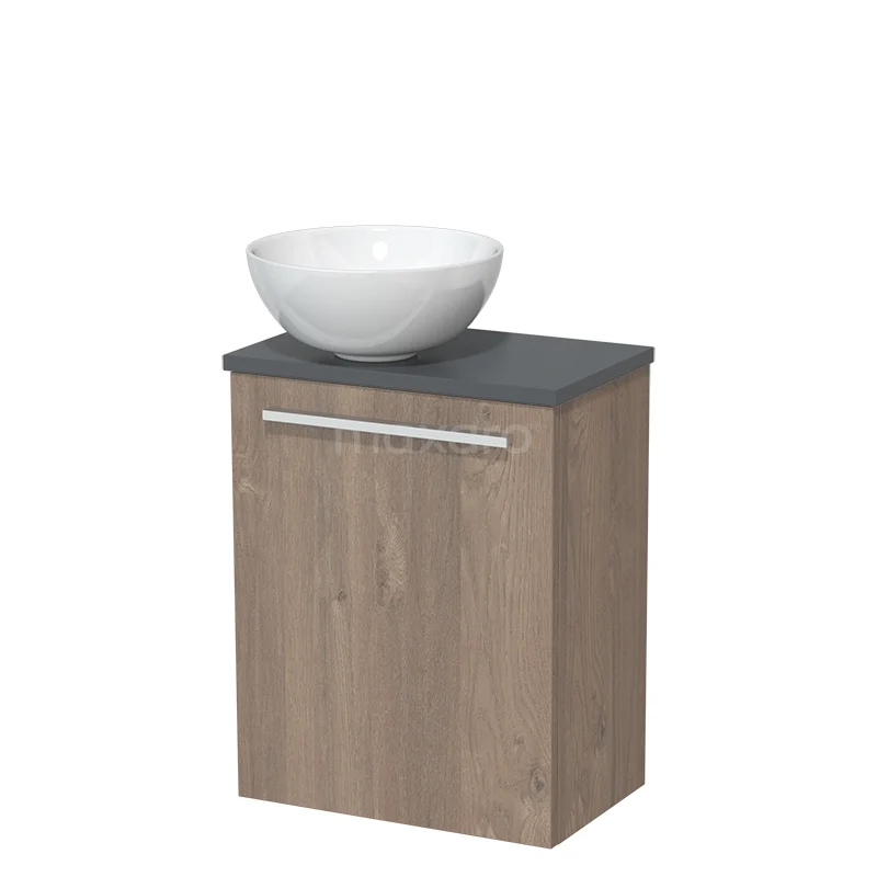 Toilet unit with wash basin | 41 cm Mid brown oak Flat front High-gloss white Ceramic wash basin Dark grey worktop TMK10-06560