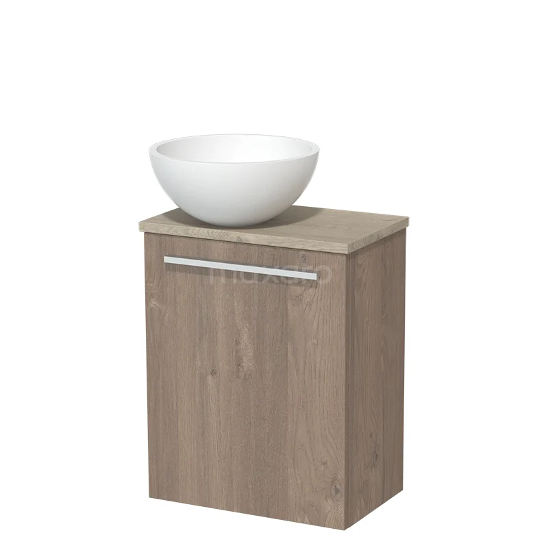 Toilet unit with countertop wash basin | 41 cm Mid brown oak Flat front Matte white Solidtop wash basin Light grey oak worktop TMK10-06593