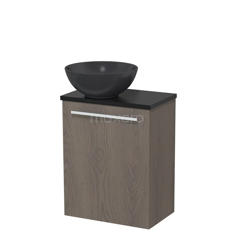 WC-Möbel mit Aufsatzwaschbecken | 41 cm Dunkelbraune Eiche Glatte Front Matt Schwarz Quarz Aufsatzwaschbecken Matt Schwarz Platte TMK10-04795 Holz Badmöbel mit Schwarz Natursteine Aufsatzwaschbecken und Aufbewahrungsschrank, modernes Design für stilvolle Badezimmergestaltung.