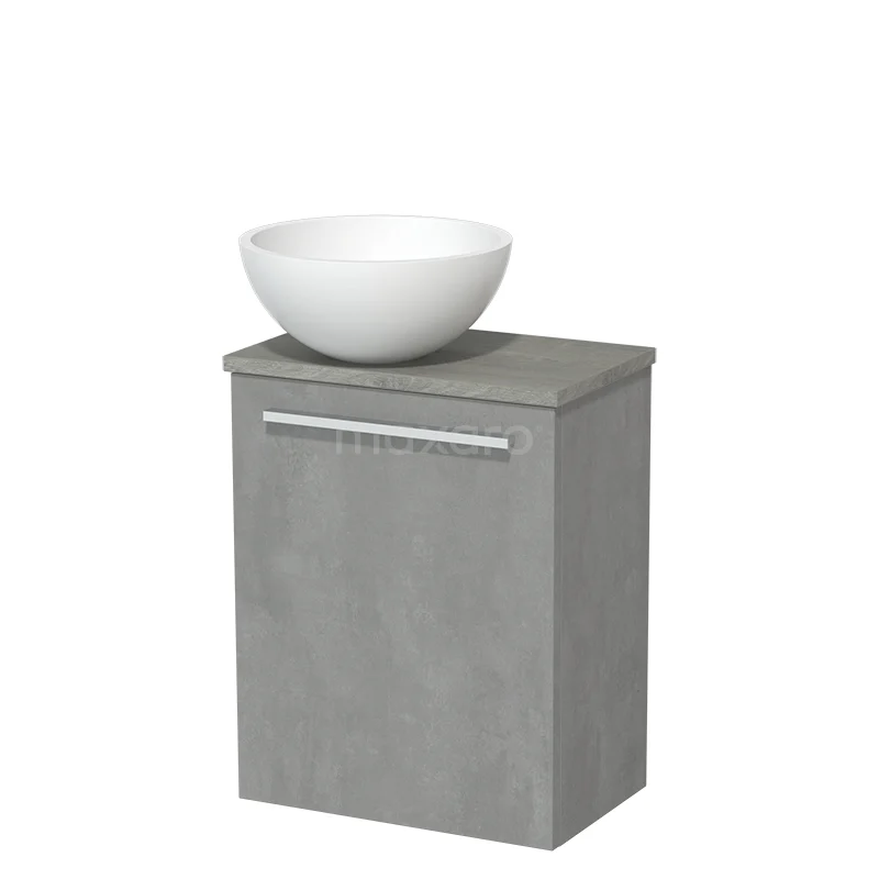 Toilet unit with countertop wash basin | 41 cm Light grey concrete Flat front Matte white Solidtop wash basin Grey oak worktop TMK10-02651