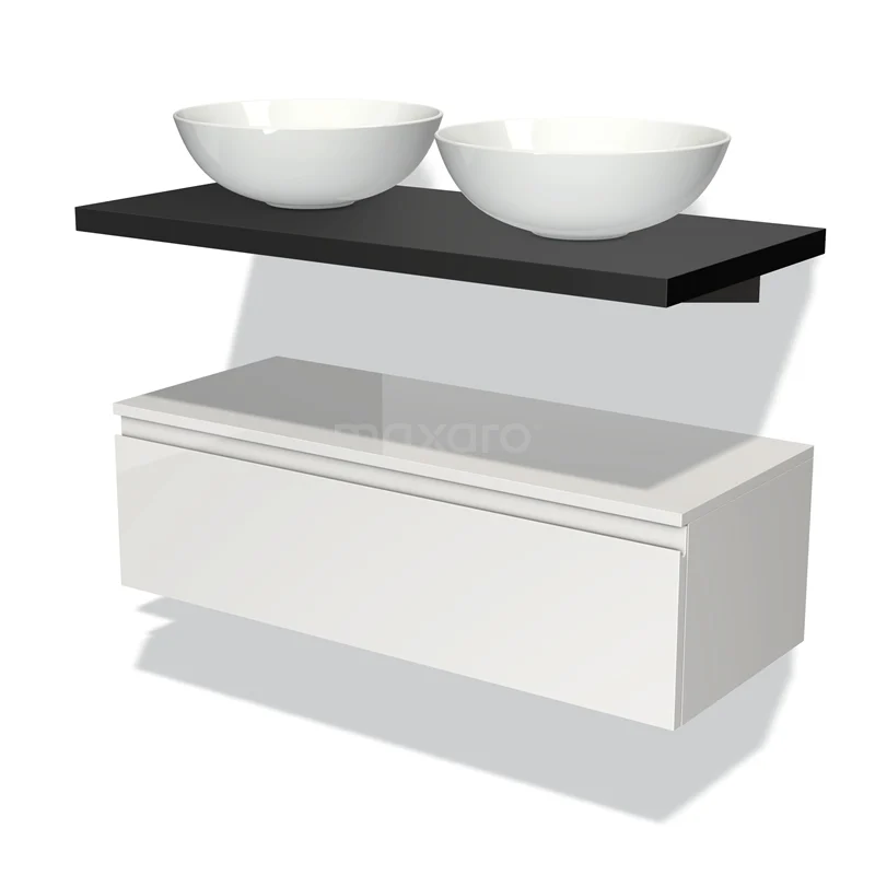 White bathroom furniture set with black shelf, double basin design and ceramic bowls, modern and minimalist design.