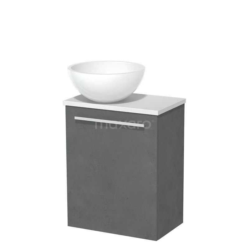 WC-Möbel mit Aufsatzwaschbecken | 41 cm Dunkelgrauer Beton Glatte Front Hochglanz Weiß Mineralguss Aufsatzwaschbecken Matt Weiß Platte TMK10-06902 Grauer Badschrank mit weißer Waschbecken, modernes Design, feuchtigkeitsbeständiges Material, geeignet für kleine Bäder.