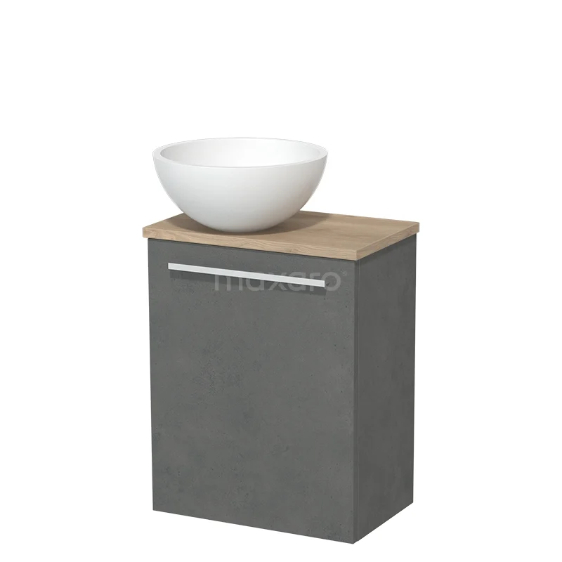 Toilet unit with wash basin | 41 cm Dark grey concrete Flat front Matte white Solidtop wash basin Light brown oak worktop TMK10-02913