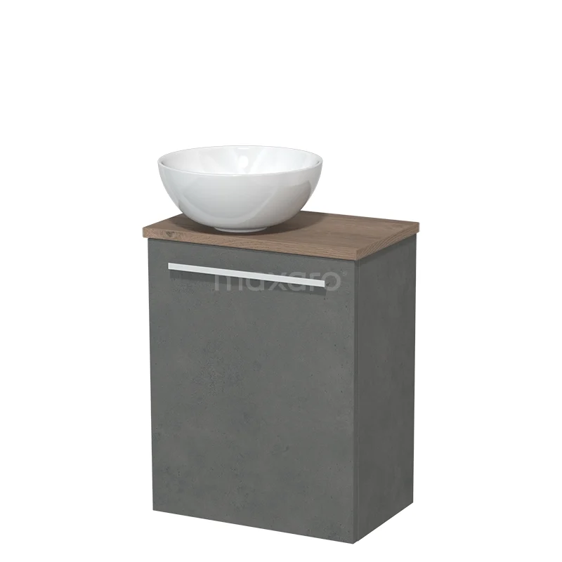 WC-Möbel mit Aufsatzwaschbecken | 41 cm Dunkelgrauer Beton Glatte Front Hochglanz Weiß Keramik-Aufsatzwaschbecken Mittelbraune Eiche Platte TMK10-04622 Grauer Badschrank mit Holzplatte und weißem, schalenförmigem Waschbecken, modernes Design für stilvolle Badezimmerlagerung.