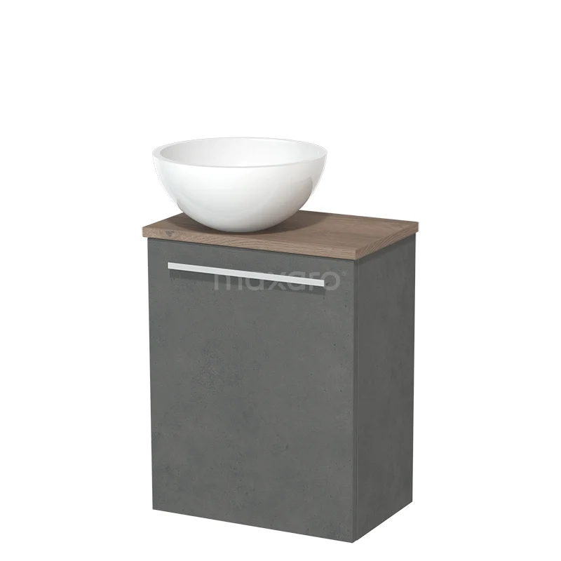 WC-Möbel mit Aufsatzwaschbecken | 41 cm Dunkelgrauer Beton Glatte Front Hochglanz Weiß Mineralguss Aufsatzwaschbecken Mittelbraune Eiche Platte TMK10-04624 Grauer stehender Badschrank mit Holzplatte und rundem weißen Aufsatzwaschbecken, modernes Design, perfekt für kompakte Badezimmer.
