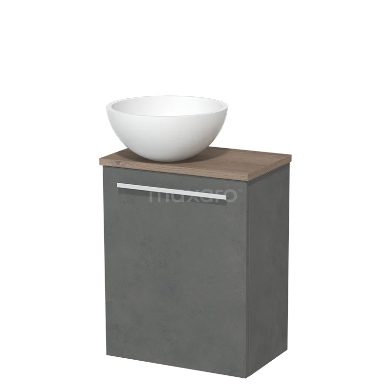 WC-Möbel mit Aufsatzwaschbecken | 41 cm Dunkelgrauer Beton Glatte Front Matt Weiß Solid Surface Aufsatzwaschbecken Mittelbraune Eiche Platte TMK10-04625 Grauer Badschrank mit einer Holzplatte und einem weißen runden Aufsatzwaschbecken, modernes Design ideal für stilvolle Badezimmergestaltung.