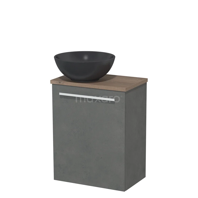 WC-Möbel mit Aufsatzwaschbecken | 41 cm Dunkelgrauer Beton Glatte Front Matt Schwarz Quarz Aufsatzwaschbecken Mittelbraune Eiche Platte TMK10-04626 Grauer Badschrank mit Holzlook Platte und schwarzem rundes Waschbecken; kompaktes modernes Design für Badezimmerlagerung.