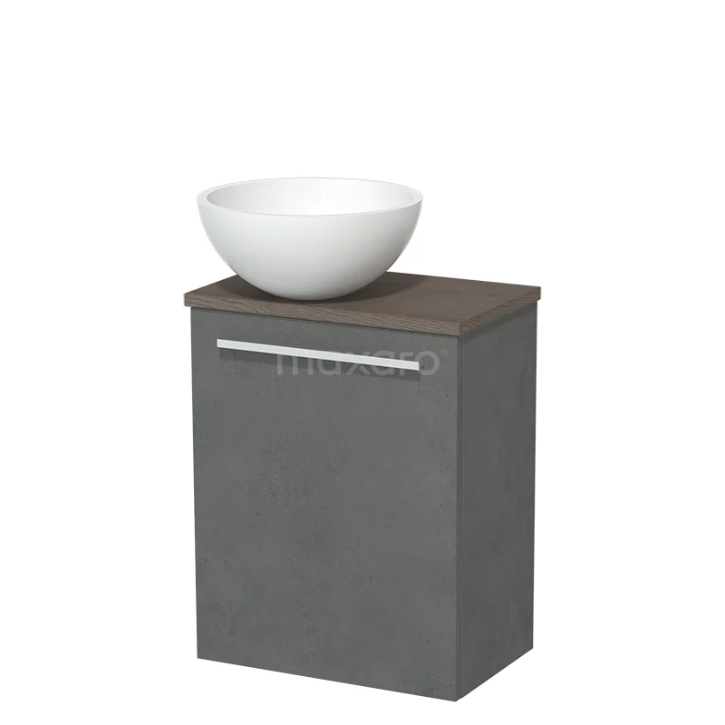 WC-Möbel mit Aufsatzwaschbecken | 41 cm Dunkelgrauer Beton Glatte Front Matt Weiß Solid Surface Aufsatzwaschbecken Dunkelbraune Eiche Platte TMK10-06928 Grauer Badschrank mit Holzlook Platte, inklusive weißem Aufsatzwaschbecken, modernes Design für stilvolles Verstauen im Badezimmer.
