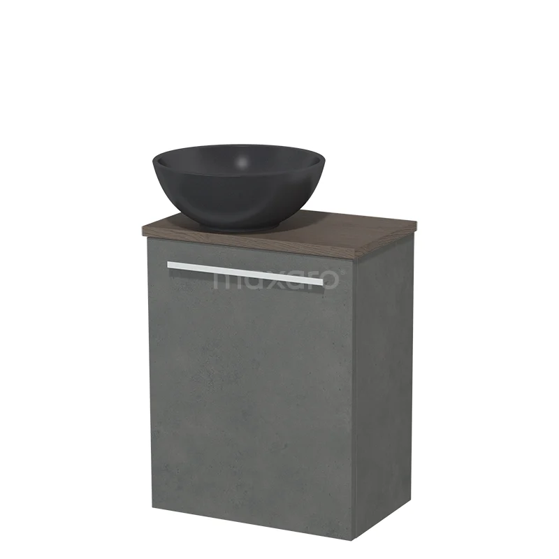 WC-Möbel mit Aufsatzwaschbecken | 41 cm Dunkelgrauer Beton Glatte Front Matt Schwarz Quarz Aufsatzwaschbecken Dunkelbraune Eiche Platte TMK10-06929 Grauer Badschrank mit Holzplatte und schwarzem Aufsatzwaschbecken, kompaktes Design und moderne Verarbeitung ideal für kleine Bäder.