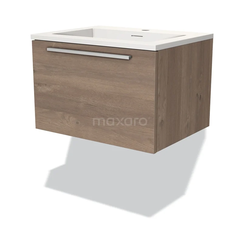 Houten badkamerkast met lade, wandmontage en witte wastafel, modern ontwerp uit premium badkamermeubelserie.