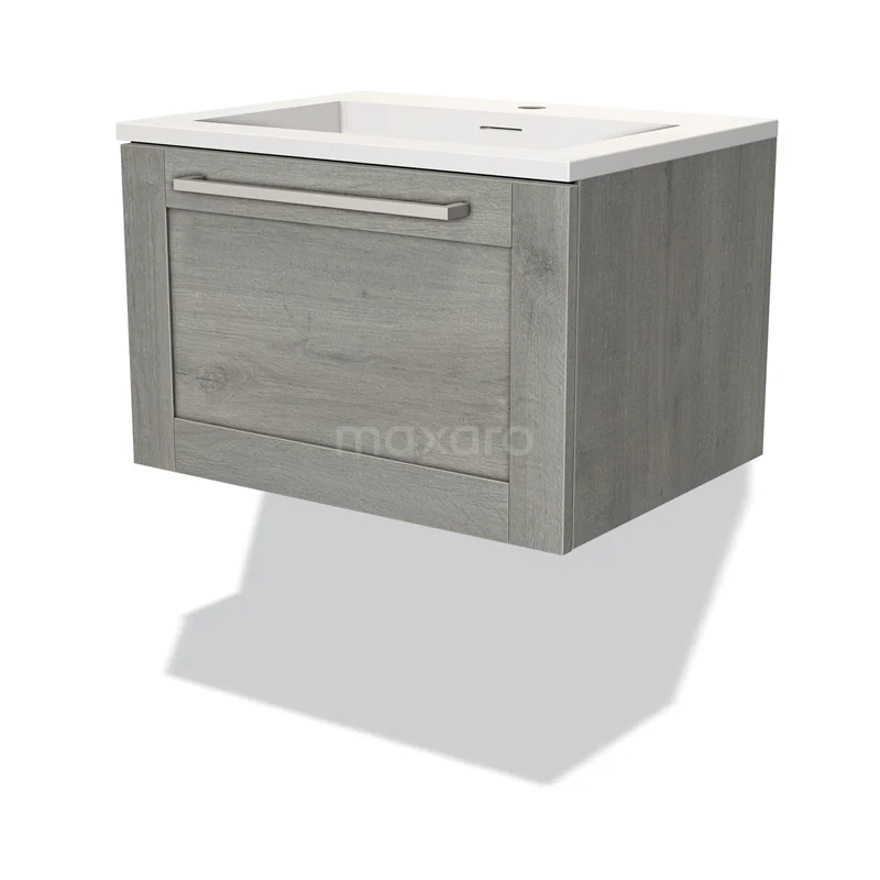 Houten zwevend badmeubel met lade, grijze eikenlook, inclusief witte wastafel. Modern badkamermeubel voor compact design.