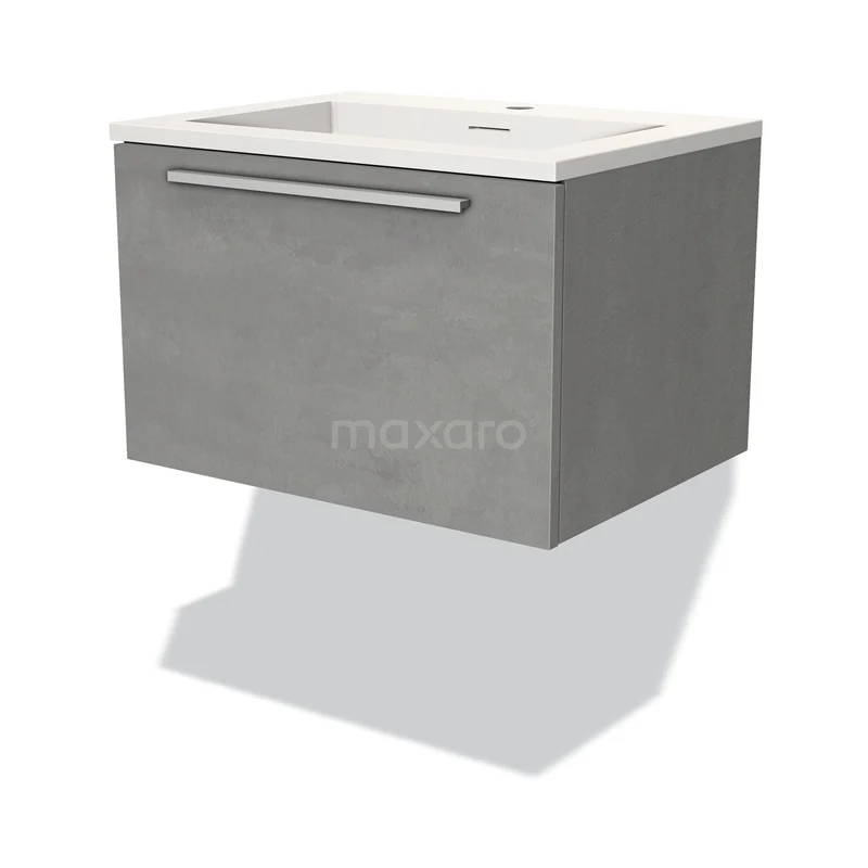 Grijze wandhangende badkamerkast met soft-close lade, betonlook afwerking, en geïntegreerde wastafel.