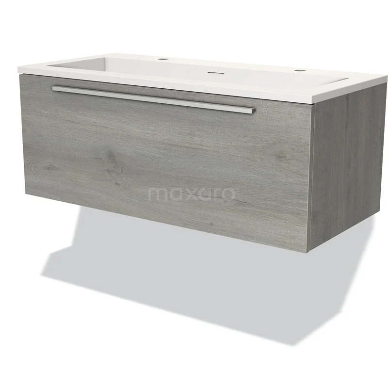 Badmöbel 100cm Modulo Graue Eiche 1 Schublade Flaches Waschbecken Solid Surface BMW11-02653 Moderne Holzoptik Badmöbel mit Waschbecken, graue Eiche Finish und schlankem Design, perfekt für eine stilvolle Badezimmerinrichtung.