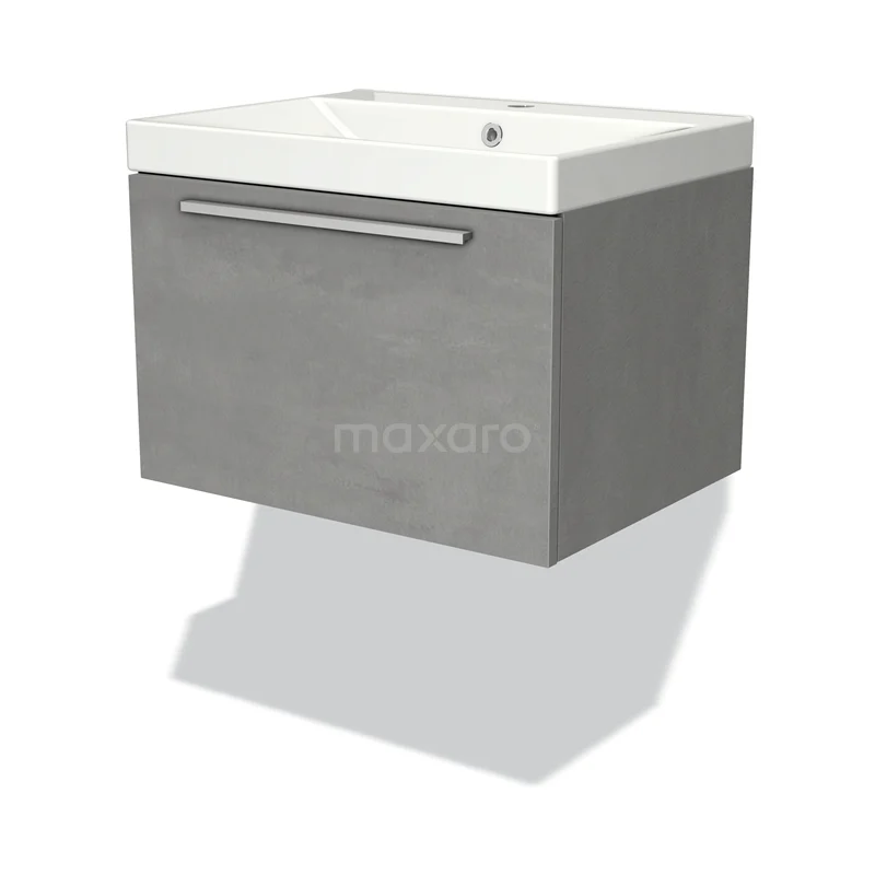 Badmöbel 60cm Modulo hellgrauer Beton 1 Schublade Flaches Waschbecken Keramik BMW11-02783 Graues hängendes Badmöbel mit weißem Waschbecken, schlichtes Design und metallem Griff, ideal für ein modernes Badezimmer.