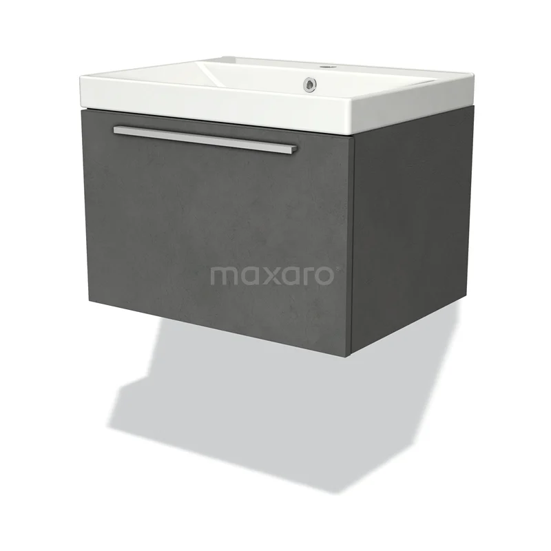 Badmöbel 60cm Modulo Dunkelgrau Beton 1 Schublade Flaches Waschbecken Keramik BMW11-02784 Grauer hängender Badschrank mit Schublade und weißem Waschbecken, modernes Design, ideal für stilvolle Badezimmerlagerung.
