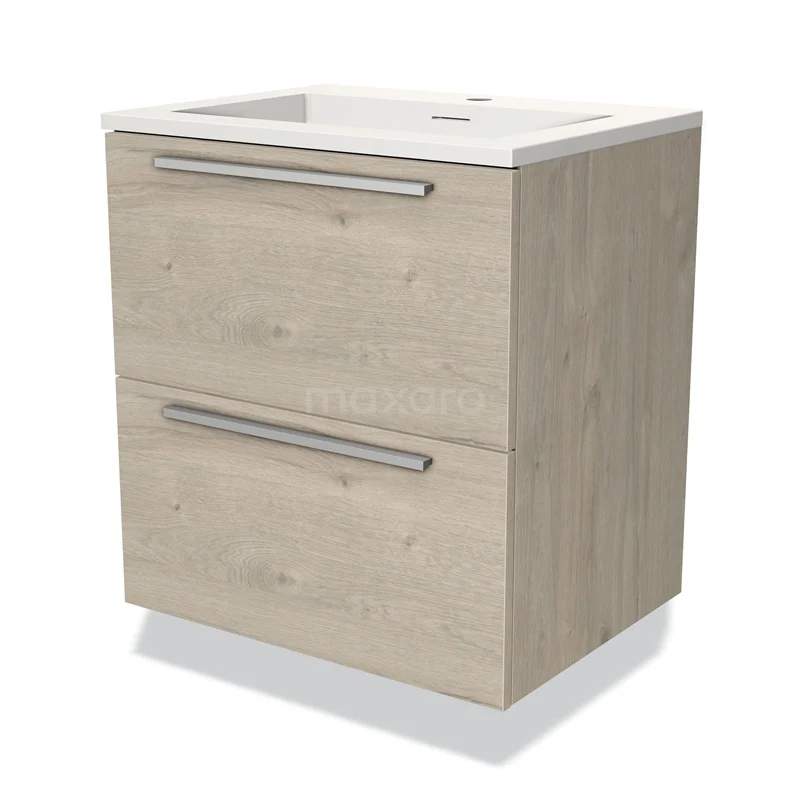 Houten badkamermeubel met twee lades en wit wastafelblad, modern design, ideaal voor stijlvolle badkameropslag.