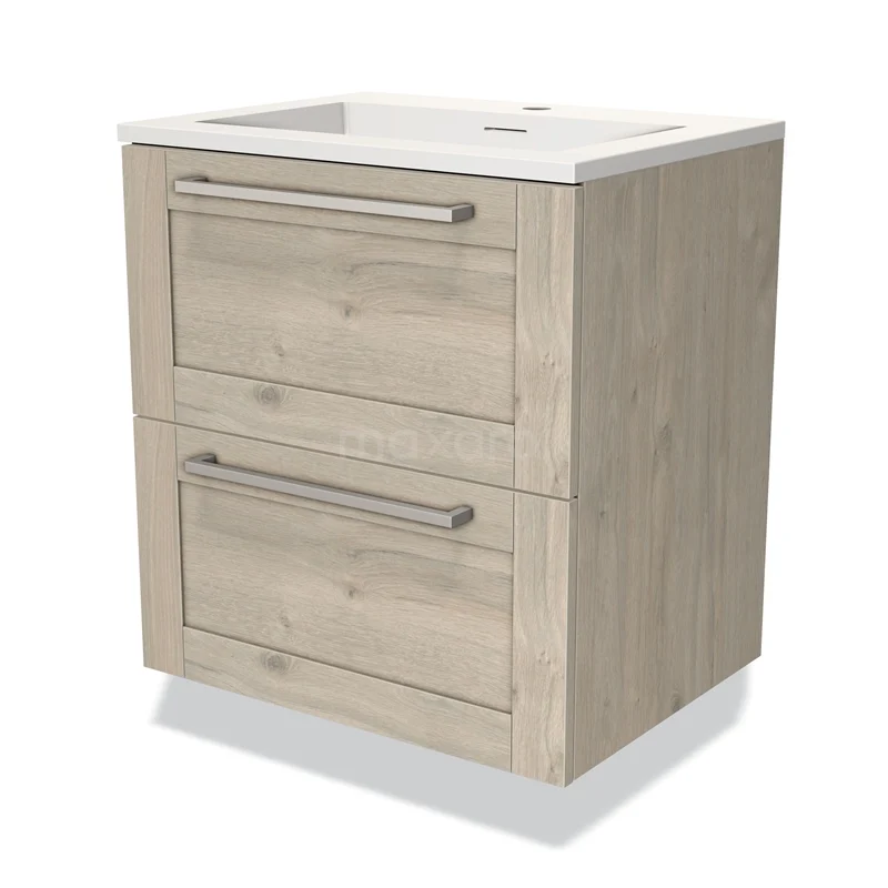 Houten badkamermeubel met twee lades, licht eiken kleur, modern design en geïntegreerde wastafel. Perfect voor compacte badkamers.