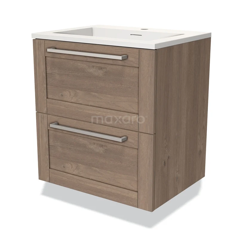 Wooden bathroom unit with two drawers, white vanity units with basin and metal handles, compact design for modern bathrooms.