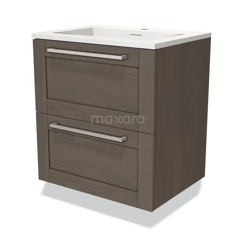 Modulo Waschtische | 60 cm Dunkelbraune Eiche Rahmen front Solid Surface 2 übereinanderliegende Schubladen BMW17-02727 Holz Badezimmermöbel mit zwei Schubladen, braune Eiche Farbe, modernes Design, weißes Waschbecken oben, ideal für ein stilvolles Badezimmer.