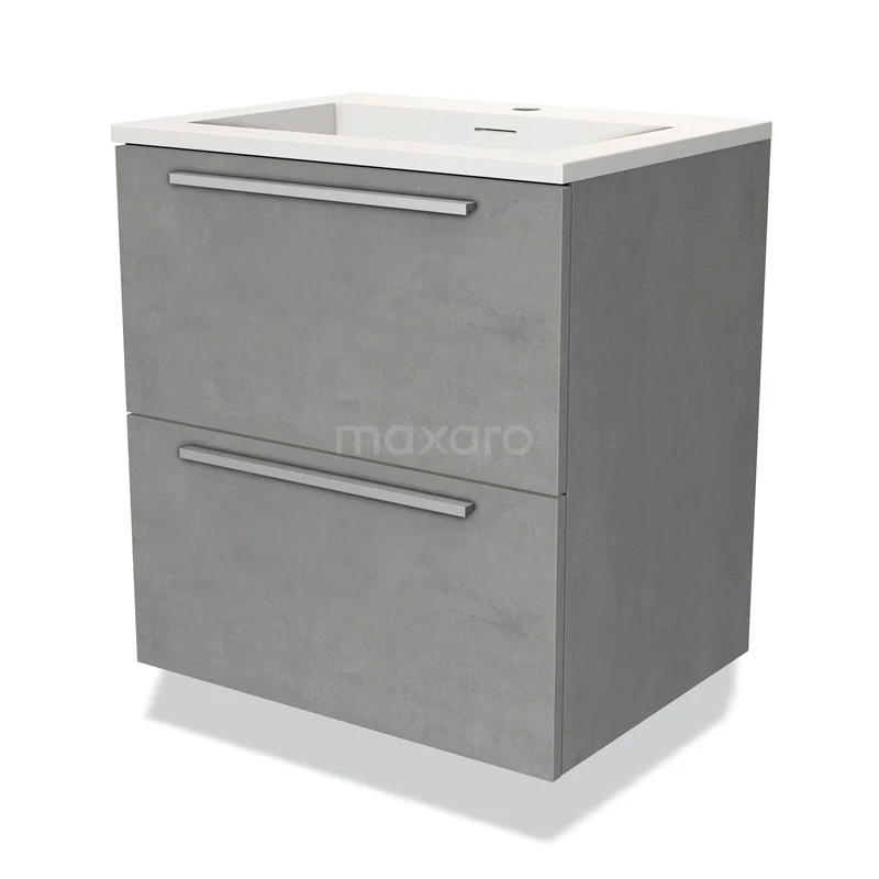 Badmöbel 60cm Modulo hellgrauer Beton 2 Schubladen Flaches Waschbecken Solid Surface BMW17-02730 Graue Badmöbelset mit zwei Schubladen und weißem Waschbecken, modernes Design und Holzlook-Oberfläche für ein stilvolles Badezimmer.