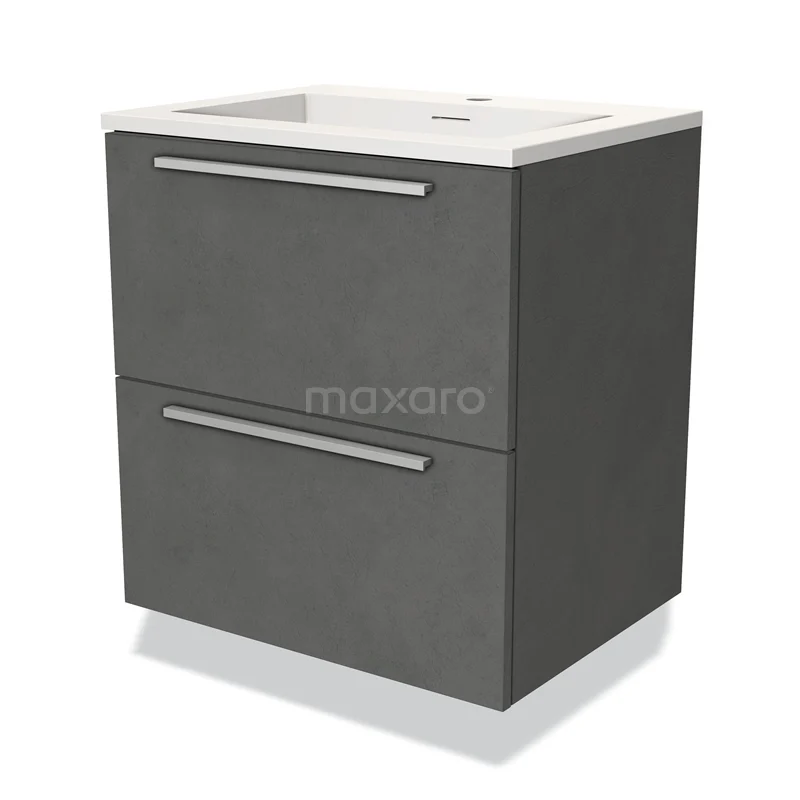 Badmöbel 60cm Modulo Dunkelgrau Beton 2 Schubladen Flaches Waschbecken Solid Surface BMW17-02731 Grauer Badschrank mit zwei Schubladen, modernes Design und keramisches Waschbecken, perfekt für stilvolle Badezimmerlagerung.