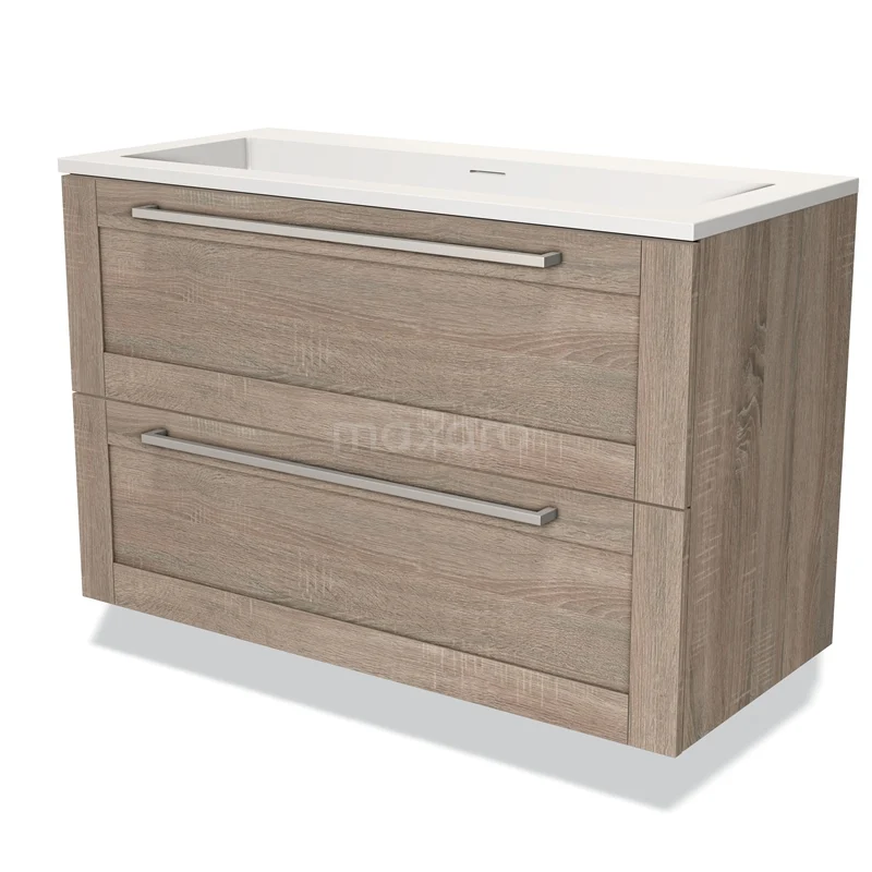 Houten badkamermeubel met wastafel, ladegrepen en moderne afwerking, ideaal als functioneel en stijlvol badkameraccessoire.