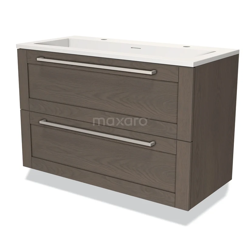 Houten badkamermeubel met twee lades, donkerbruin met strak design en geïntegreerde wastafel, ideaal voor moderne badkamers.