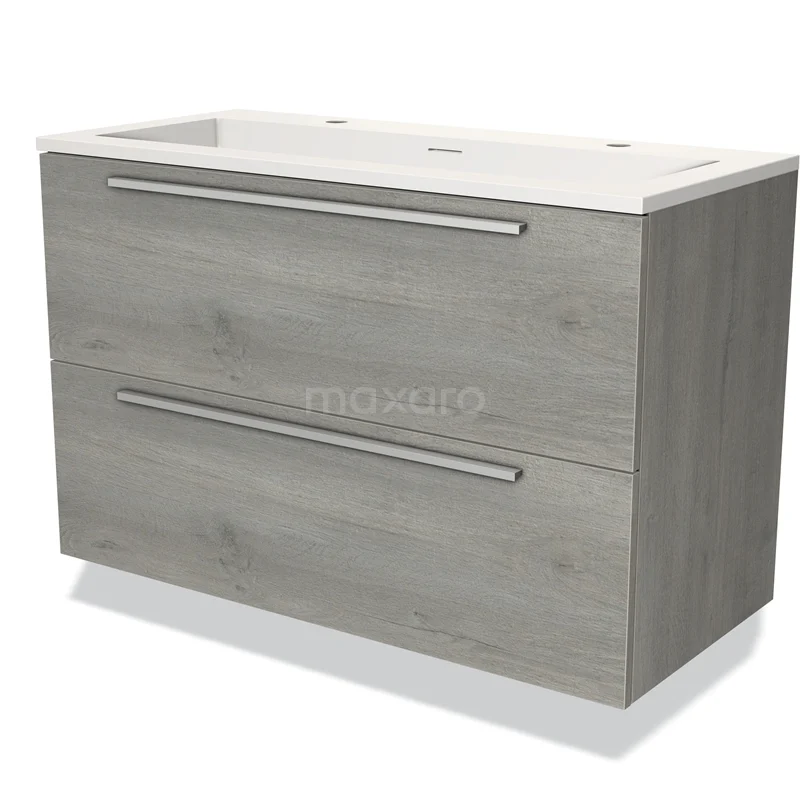 Grijze houten badkamerkast met twee lades, geïntegreerde wastafel en modern design voor stijlvolle badkameropslag.