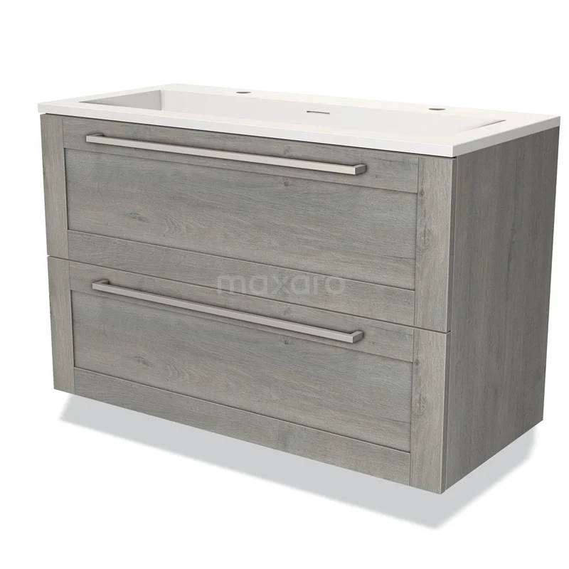 Grijze houten badkamermeubel met twee lades en witte wastafel, modern design.