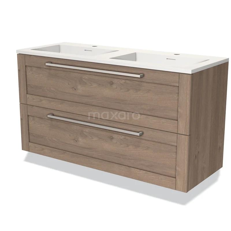 Modulo Bathroom furniture with sink | 120 cm Mid brown oak Frame front Solid surface 2 Stacked drawers BMW17-02917 Wooden bathroom unit with two drawers, double white vanity units with basin, modern design, ideal for organised bathroom design.
