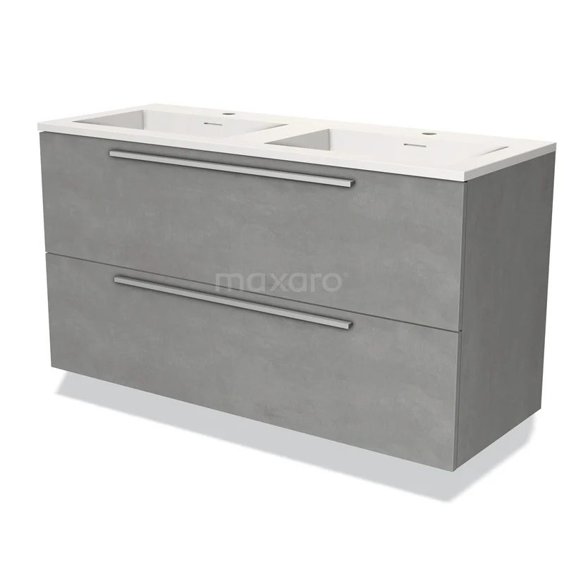Grijze dubbele wastafelmeubel met lades en witte keramische spoelbak, ideaal voor een moderne badkamer inrichting.