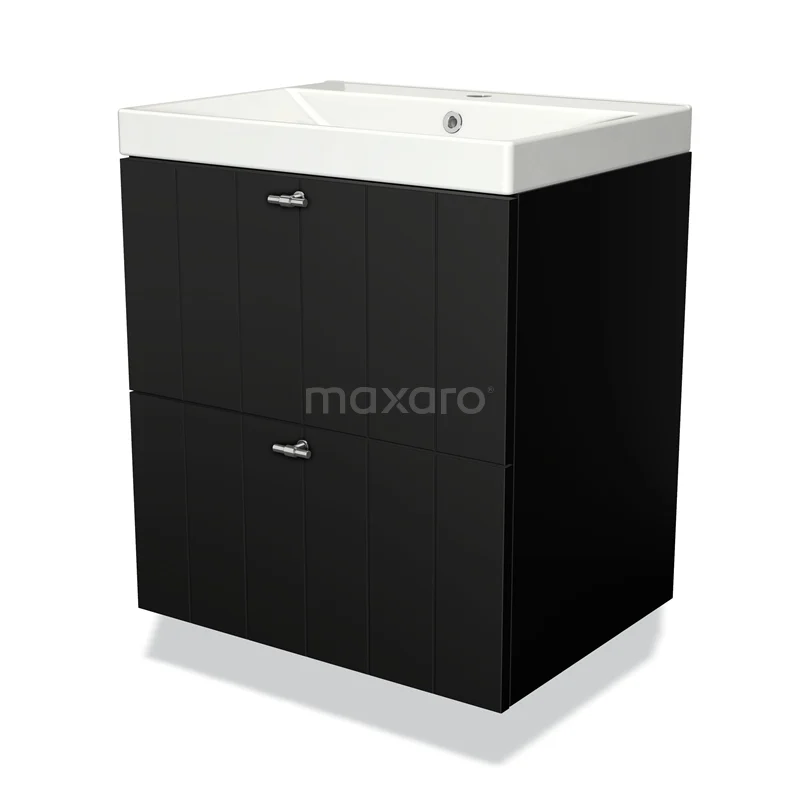 Zwart badkamermeubel met wit keramische wastafel, twee lades en een strak modern design voor optimale opbergruimte.