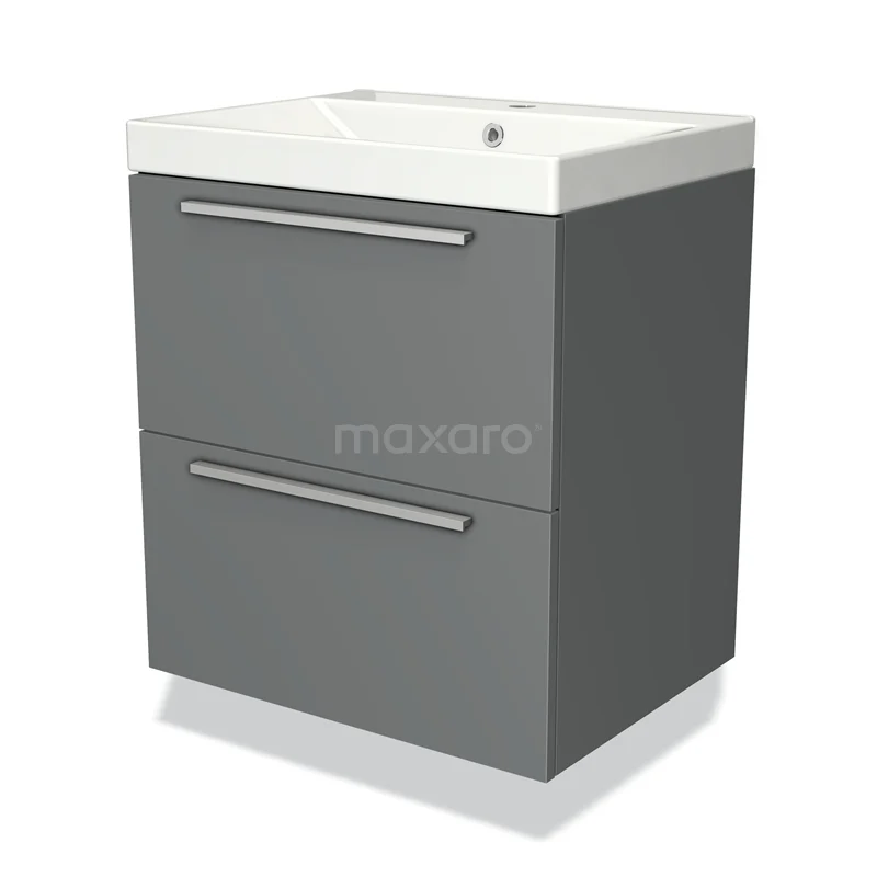 Grijze badkamerkast met twee lades, strak design, keramische wastafel en modern stijlvol model, perfect voor elke badkamer.