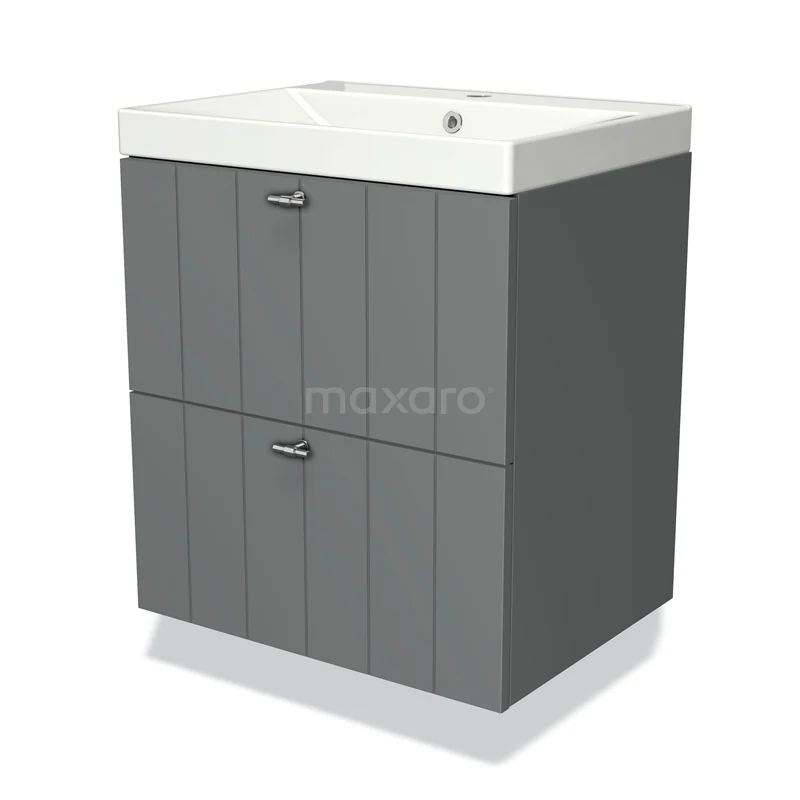 Grijze badkamerkast met houtlook, witte wastafel en twee lades; compact ontwerp, ideaal voor moderne badkameropslag.
