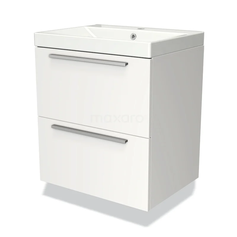 Witte badkamerkast met twee lades en chroomgrepen, modern design, ideaal voor opbergruimte in een kleinere badkamer.