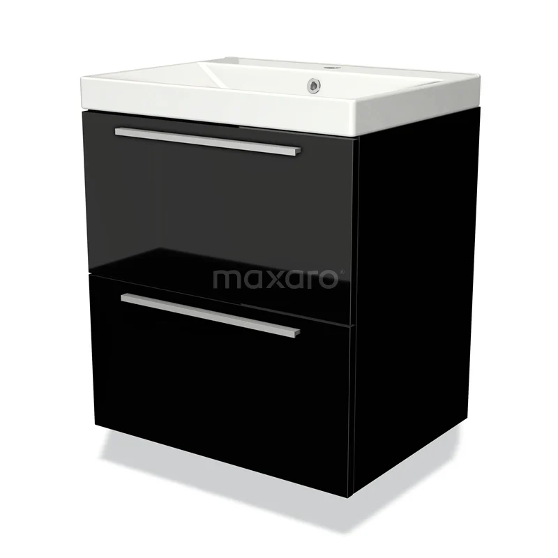 Modulo Bathroom furniture with sink | 60 cm High-gloss black Flat front Ceramic 2 Stacked drawers BMW17-02939 Black bathroom cabinet with glossy finish, two drawers and a white basin; modern design with chrome accents.