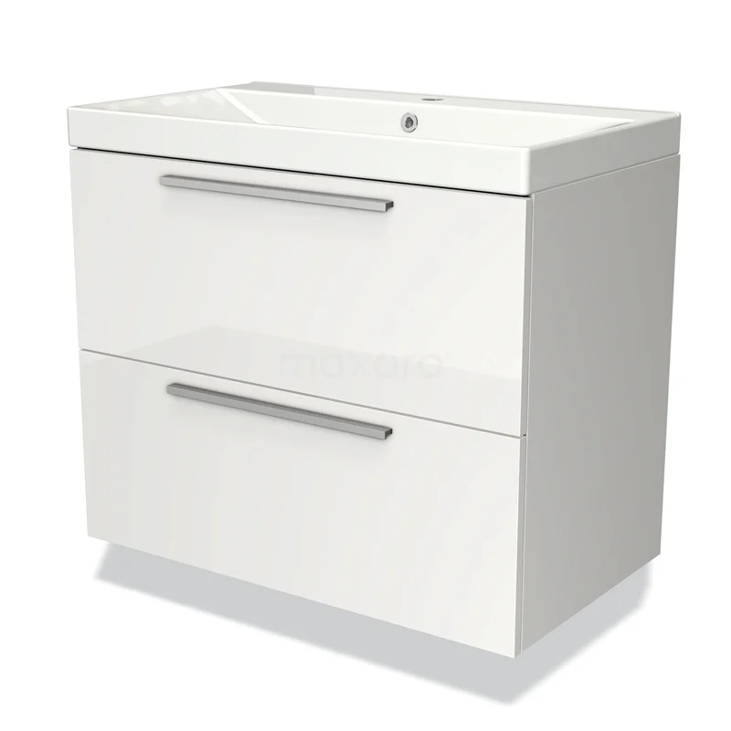 Badmöbel 80cm Modulo Hochglanz Weiß 2 Schubladen Flaches Waschbecken Keramik BMW17-02962 Weiße Badmöbel mit keramischem Waschbecken, zwei Softclose-Schubladen und modernen silberfarbenen Haltegriffen, ideal für jedes Badezimmer.
