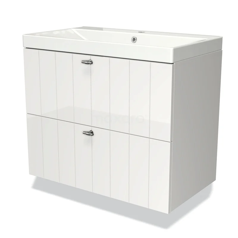 Wit badkamermeubel met een glanzende wastafel, twee greeploze lades en een strak paneeldesign.