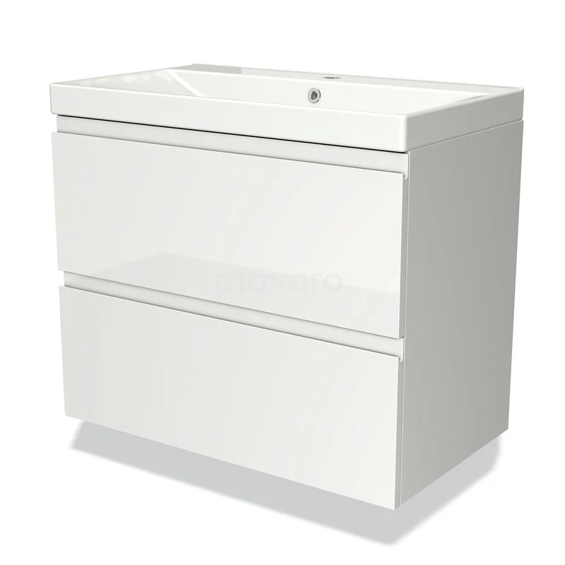 Wit badkamermeubel met twee soft-close lades en een geïntegreerde wastafel, modern design van hoogglans MDF.