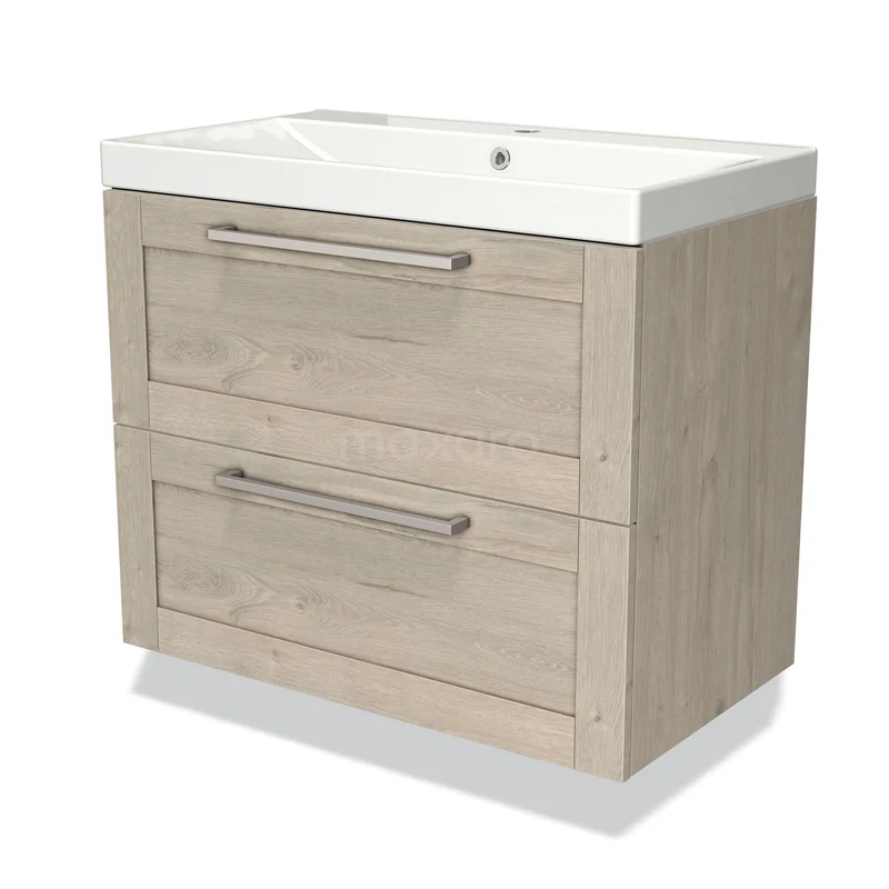 Houten badkamermeubel met twee lades, moderne handgrepen en keramische wastafel, ideaal voor stijlvolle badkameropslag.