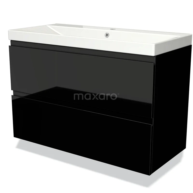 Zwarte badmeubelset met twee lades en een wit keramisch wastafelblad, moderne uitstraling voor elke badkamer.