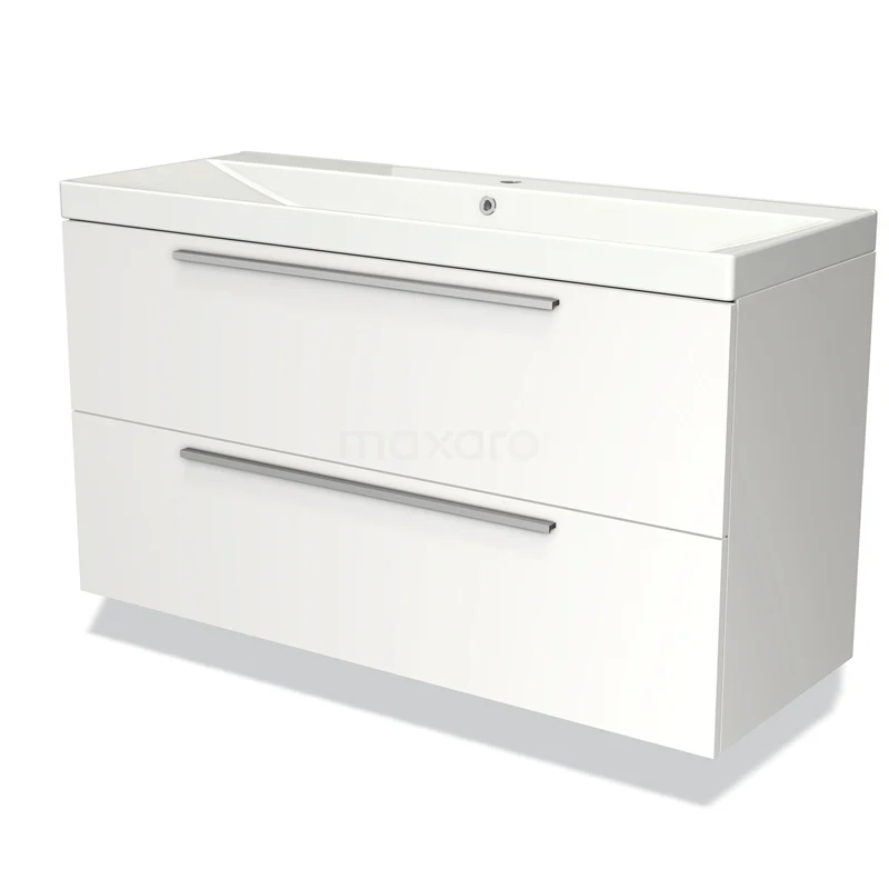Witte badkamermeubel met twee lades, strakke lijnen en chromen handgrepen, ideaal voor moderne badkamers.