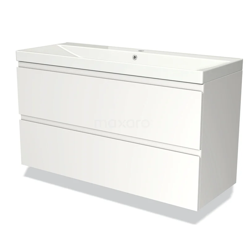 Witte badkamermeubelset met strak design, twee brede lades en keramische wastafel, ideaal voor moderne badkamers.